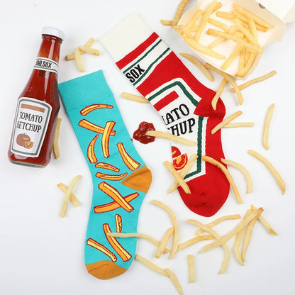 1 Pair Unisex Funny AB Style Tomato Ketchup French Fry Printed Mid-Calf Socks Suit In All Seasons.