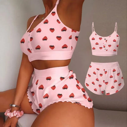 2025 neue Frauen Nachtwäsche Lippen Schmetterling Drucken Hause Ausgesetzt Pyjamas Set Weste Bh Top Kurze Nachtwäsche Dessous frauen Nachthemd.