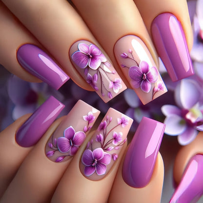 Purple Flower Press on Nails 24Pcs Almond/Coffin Wearable Fake Nails Flower Printed Woman DIY Manicure Acrylic False Nails Tips.