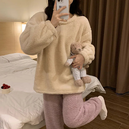 Winter Fleece Women Pajamas Set  Sleepwear Solid Velvet 2 Piece Pant Home Suit Fluffy Casual Warm Flannel Night Wear