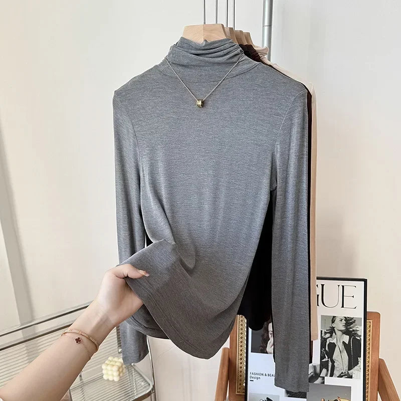Yuyue Women's High-necked High Strecth Bottoming Shirt Old Money Style Silk Pile Collar Base Top Contain Mulberry Silk and Wool.