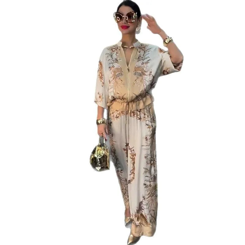 Summer Fashion Print Women's 2-piece Set Flower Zipper Baseball Uniform Drawstring Trousers Two-piece Outfit Elegant Office Suit.