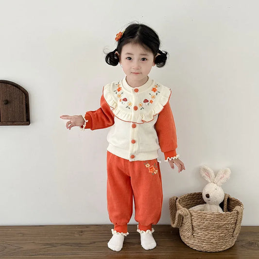 Kawaii Baby Mädchen Kleidung Pilz Sets Herbst Infant Rüschen Kragen Langarm Top Hosen Zwei-Stück Neugeborenen Baumwolle Outfit