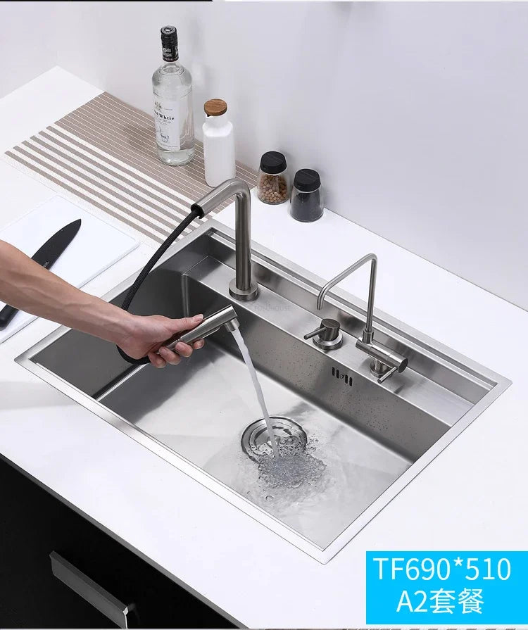 Hidden Stainless Steel Kitchen Sinks Modern Kitchen Accessories with Cover Kitchen Sink Dish Drainer Light Luxury Single Tank L