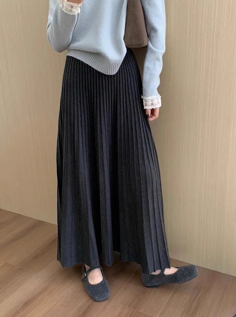 2026 Khaki Cashmere Knitted Midi Skirt for Women, Loose Fit, Draped, Slimming A-Line Pleated Skirt for Autumn and Winter
