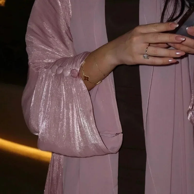 2025 Ramadan Satin muslimischen bescheidenen Kleid arabische Frauen öffnen Abaya Dubai islamische Langarm Cardigan Kleidung Truthahn schlichte Robe