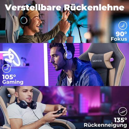 WOTSTA Gaming-Stuhl mit Fußstütze, Gamer-Stühle, ergonomisch, mit Lendenkissen, Kopfstützenstuhl, höhenverstellbarer Computerstuhl