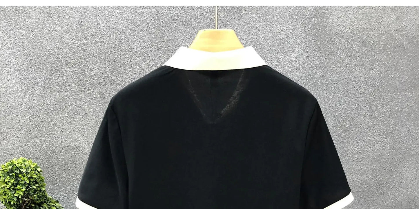 Men's Casual Polo Shirt Collared Short Sleeve Pique Cotton Breathable V-Neck Color Block Half Sleeve Summer Loose Top