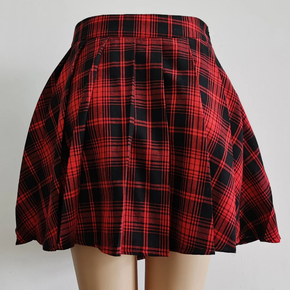 Gothic Sweet Women Pleated Skirt Fashion Plaid Mini High Waist Chic Skirt Kawaii Summer Casual Ladies Plaid Pleated Skirt.