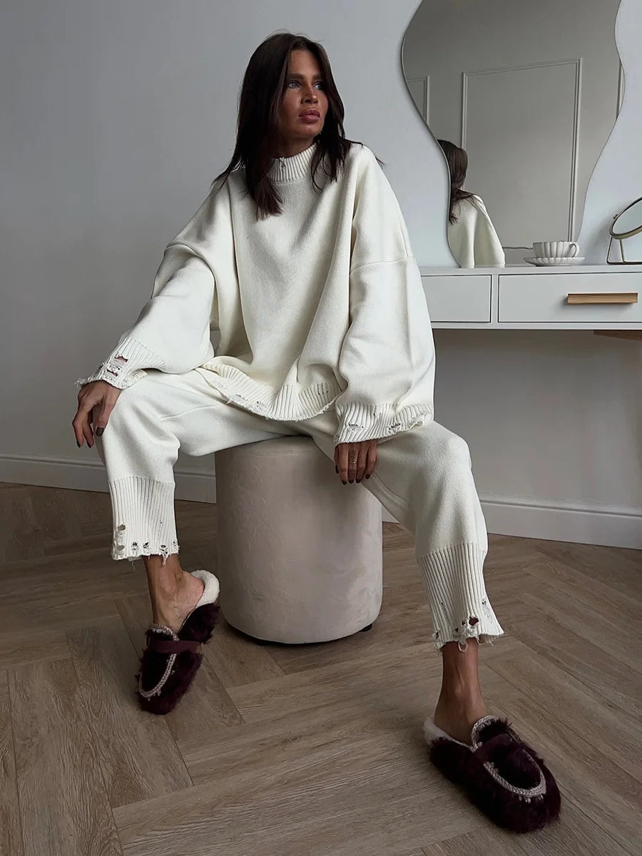 Bornladies Autumn Winter Women's New Turtleneck Knit Sweater Skinny Knit Pants Set Soft Oversized Ripped Hem Fashion Pullover.