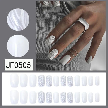 24PCS Short Square False Nails French White Edge Fake Nials Silver Flame Full Cover Press On Nails Detachable Ballerina Nail Tip.