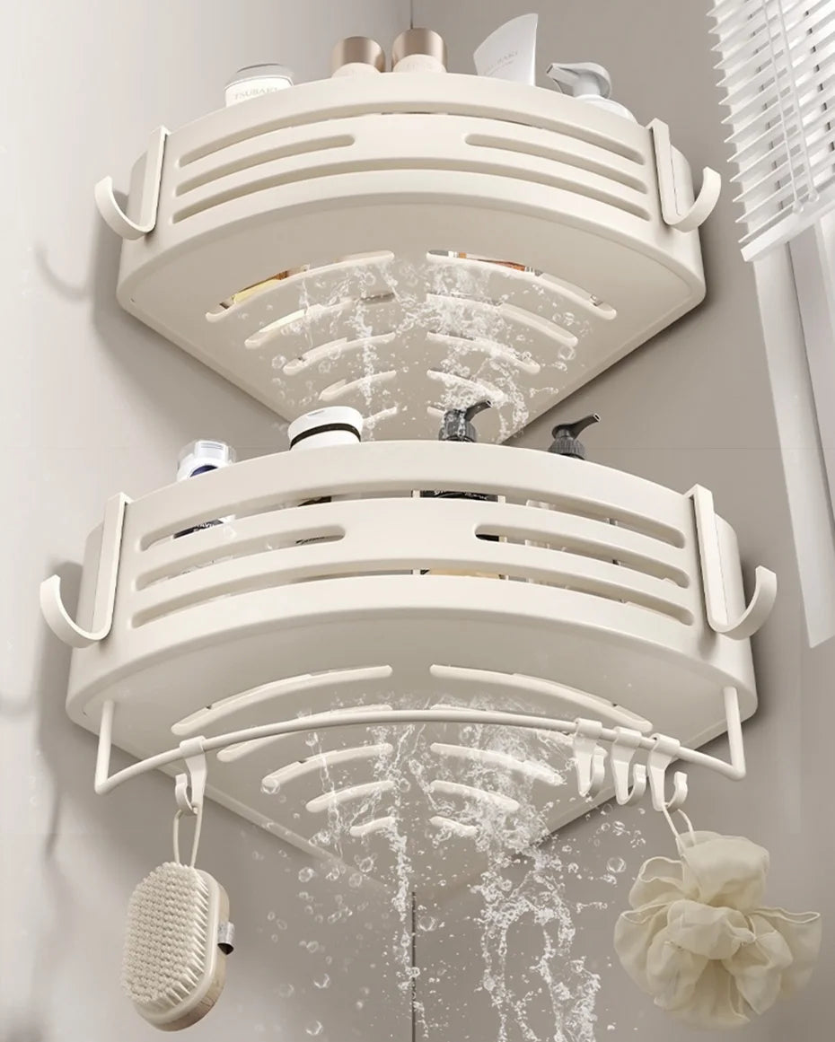 Weiße Badezimmerregale mit Handtuchhalter und Haken, Shampoo-Make-up-Aufbewahrungsorganisator, selbstklebendes, an der Wand montiertes Dusch-Eckregal