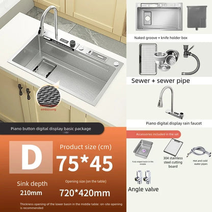 Kitchen Sink Stainless Steel Waterfall Wash Dish Vegetables Basin Multifunctional Smart Digital Display Screen Large Single Slot