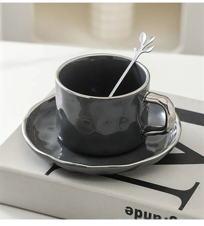 230ml European Style Coffee Cup with Saucer and spoon Ceramic mug Solid Color Tea Cup and Saucer Set Afternoon Tea Milk Cup.