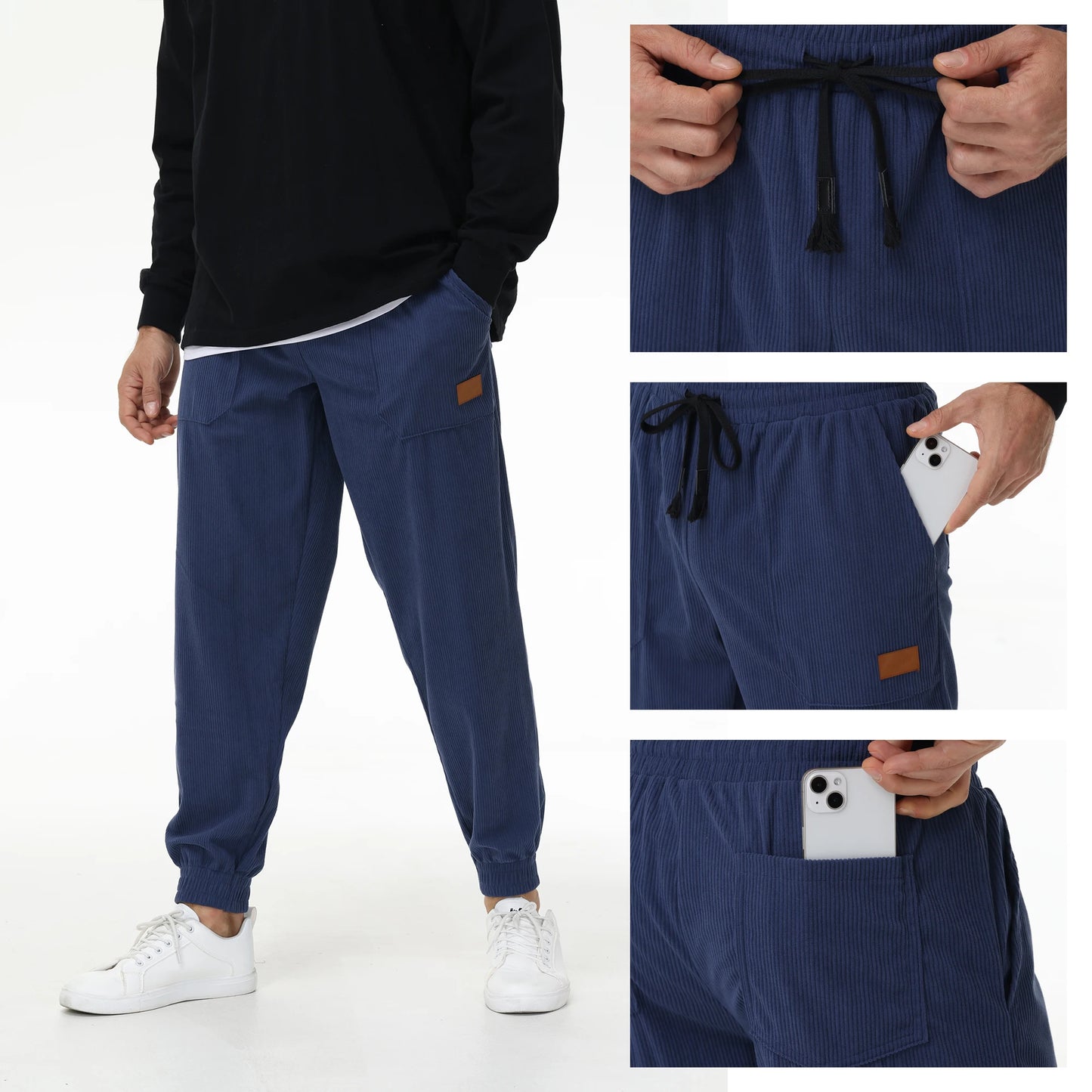 Mens Corduroy Sweatpants Elastic Waist Drawstring Tapered Pants With 4 Pockets for Jogging Running Outdoor Warm Sports.