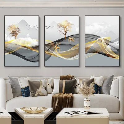 3 Pieces Nordic Luxury Ribbon Abstract Landscape Wall Art Canvas Paintings Modern Gold Deer Poster Print Picture for Home Decor.