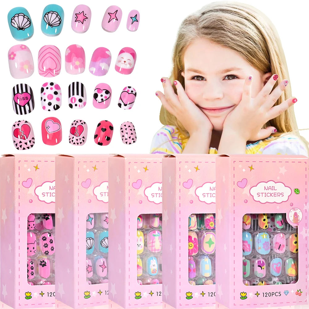 120pcs/box Pink Cartoon Children Press On Nails Candy Color Unicorn Cat Bunny Kids Full Cover False Nail Girls Party Nail Decora.