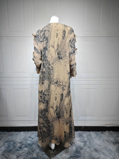 Ramadan Eid Tie Dye Butterfly Bow Muslim Modest Kimono Abaya Damen Dubai Luxury Islam Women Kebaya With Hijab Kaftan Robe Femme
