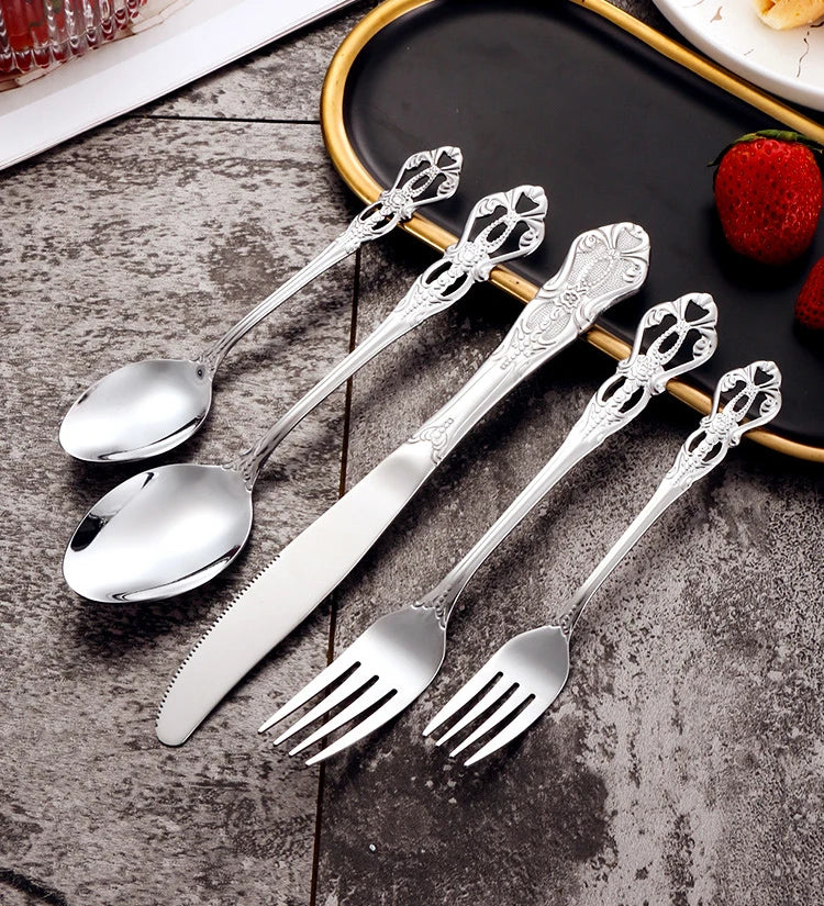 Golden Stainless Steel Cutlery Set Royal European Spoon Fork Complete Tableware Retro Design Dishwasher Safe Elegant Flatware.