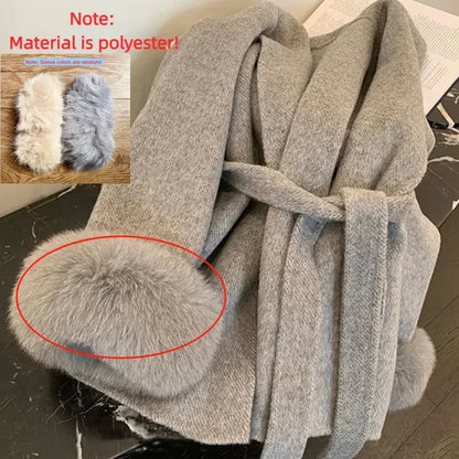 Damen Neue Herbst Und Winter Vielseitige Tweed Cape Mantel Gürtel Modelle Hochrangige Sinn für Fuchs Pelz Manschetten Mischungen Mantel für Frauen