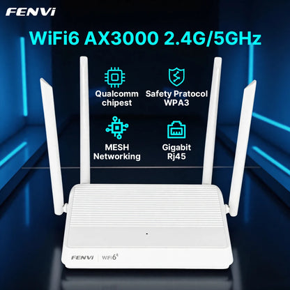 fenvi WiFi 6 AX3000 Router Dual Band 3000Mbps Mesh WiFi6 2.4G/5GHz Gigabit Wireless Networking Repeater 4 Antennas Signal Booste.