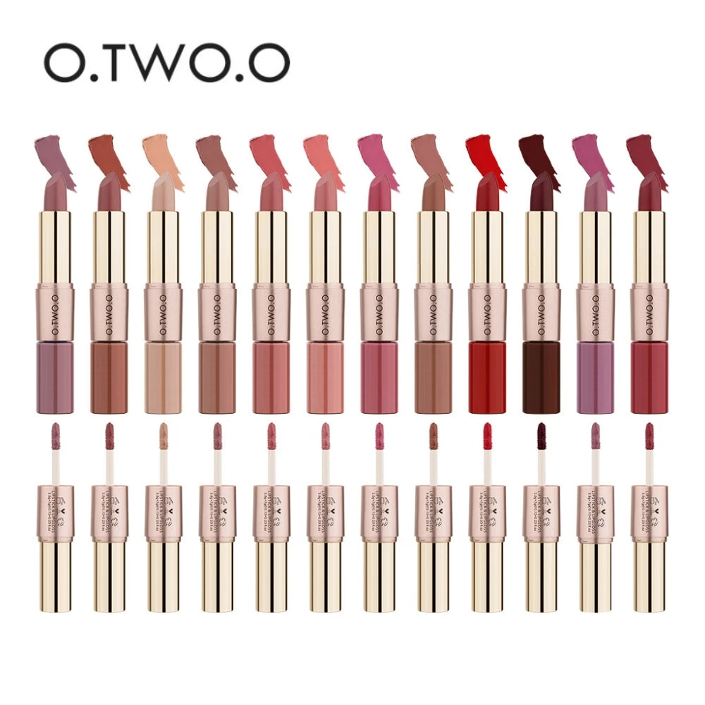 O.TWO.O 2 IN 1 Matte Lipstick&Liquid Lipstick 12 Colors Makeup Lip Glaze Waterproof Batom Lip Cosmetics Silky Texture.