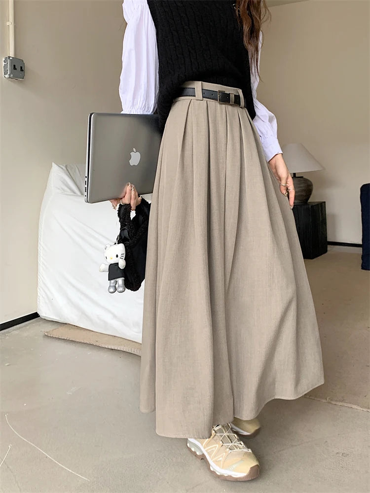 2024 New Korean Skirt Women Solid Color Versatile Mid-length Pleated Skirt Large Swing Type Skirt Female Long Skirts for Women.