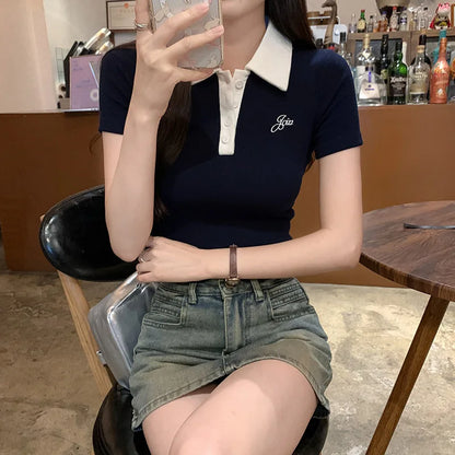 Original Quality Short Sleeve Polo Neck T-Shirt Women's Slim Fit Waist Cinched Sexy Design Casual Sweet Style Polyester Fabric.