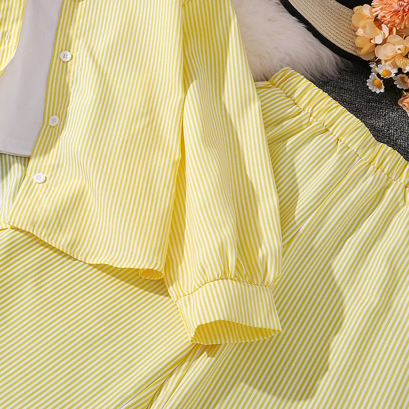 Spring Hot Sale Kids Outfit 4-12 Years Girls Striped Long Sleeve Chemise + Casual Loose Straight Leg Pants Shirt Suit 2Pcs Set.