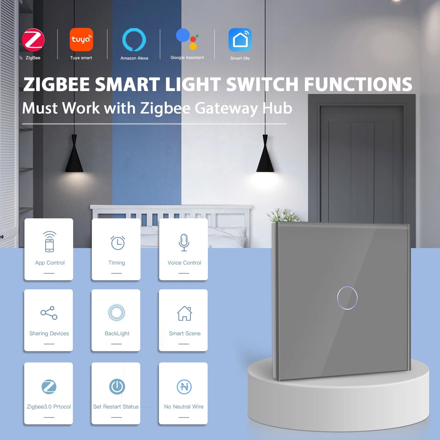 BSEED Smart Zigbee Schalter 1/2/3Gang 1Way Intelligente Touch Licht Schalter Wand Sensor Schalter Tuya Smart leben Google Alexa.