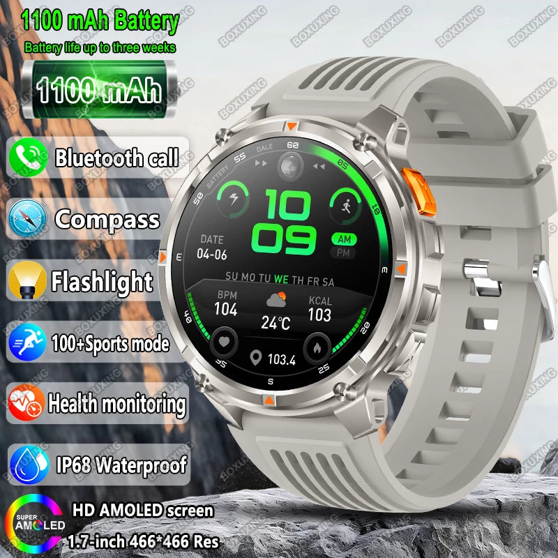 2025 New Military T-Rex 3 Smart Watch Men 1100mAh Battery AMOLED  IP68 Waterproof Outdoor Compass Bluetooth CallSport Smartwatch