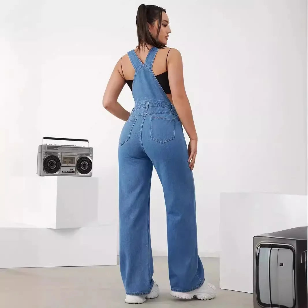 Hot Sale Womens Denim Bib Jumpsuits Casual Sleeveless Adjustable Straps Loose Baggy Cargo Jean Overalls Y2K Jumpers With Pockets.