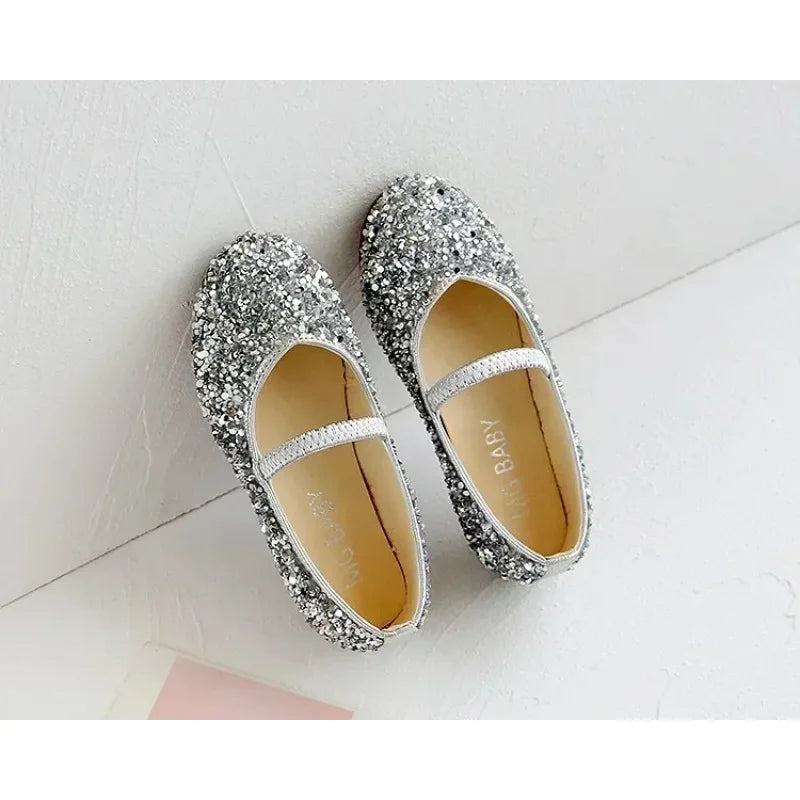 2025 Spring 1 to 12 years old girls dress shoes Beauty Pointed Toe Teen Girl Leather Shoes Bling Princess Wedding Shoes.