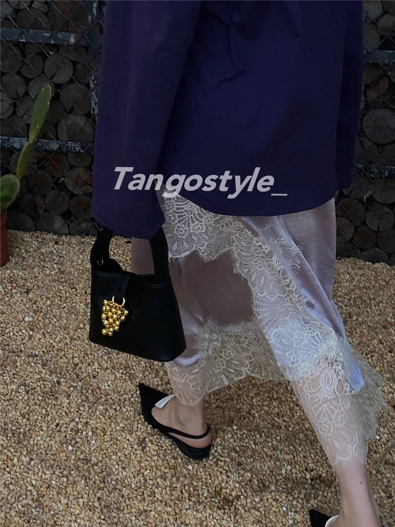 High-End Retro Satin Lace Stitching Skirt Women's 2024 Summer High Waist Slimming Court Style Temperament Mid-Length Skirt.