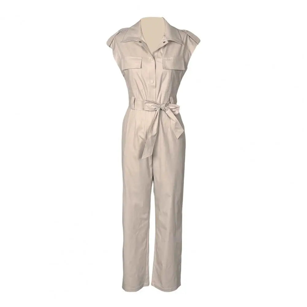 Elegant Women Jumpsuit Lapel Sleeveless Belt Design Romper with Pockets Solid Color Wide Leg Pants Versatile Jumpsuit.
