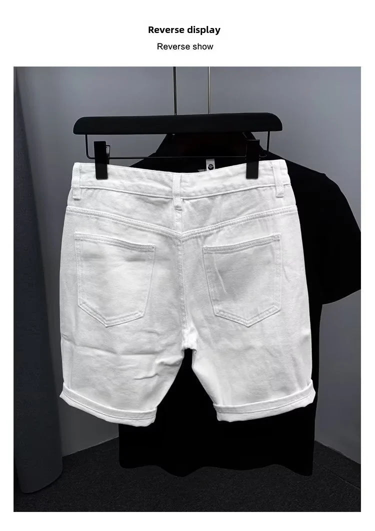 New Men's Denim Shorts Trendy Solid Color Ripped Slim Fit High Waist Elastic Waist Breathable Quick Dry Cotton Pants.