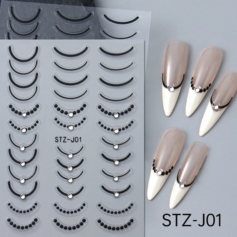 French Tips Nail Sticker 5D Embossed Crystal French Nail Decals Gold Silver Black Line Design Adhesive Slider Nails Art.