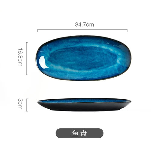Japanese Blue Kiln Change Ceramic Tableware American Tableware Retro Household Dishes Set Rice Bowl Dishes Restaurant Plate