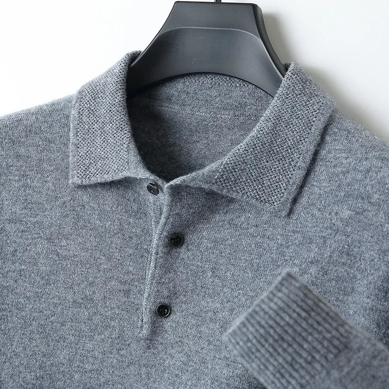 LHZSYY 100%Merino Wool Hot Cardigans Men Lapel Pullover Long Sleeve POLO Neck Sweaters Loose Tops Knit Clothing Large Size Shirt