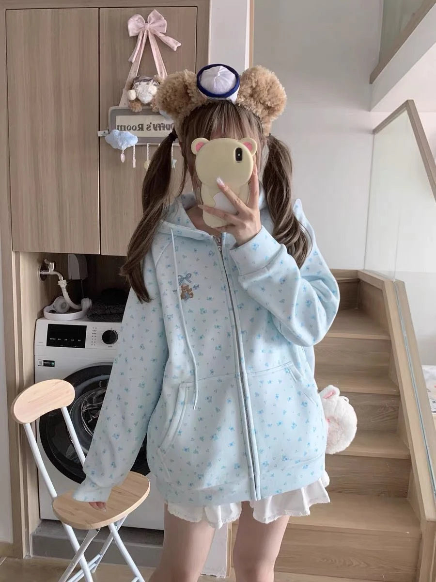 Japanese Kawaii Print Hooded Coats Women Sweatshirts Harajuku Printed Jacket Aesthetic Grunge Blouse Subculture Cute Y2k Tops.