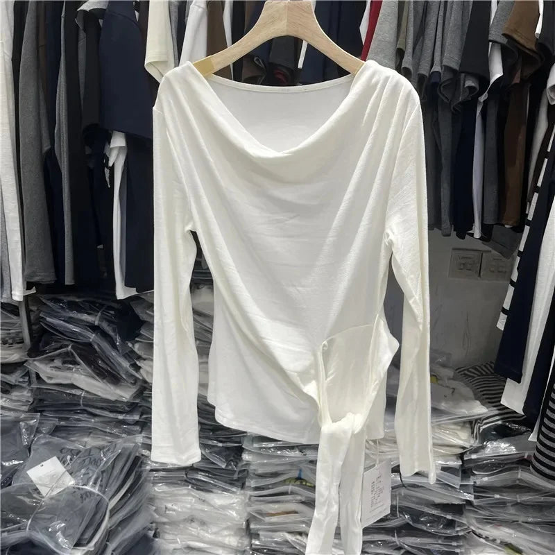 Women's Long Sleeve Striped T-Shirt Shoulder Baring Side Tie Base Shirt Versatile Autumn Fashion Design Cotton Top.