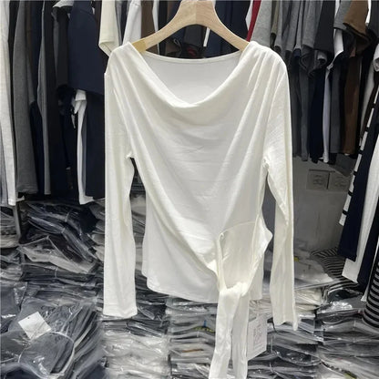 Women's Long Sleeve Striped T-Shirt Shoulder Baring Side Tie Base Shirt Versatile Autumn Fashion Design Cotton Top.