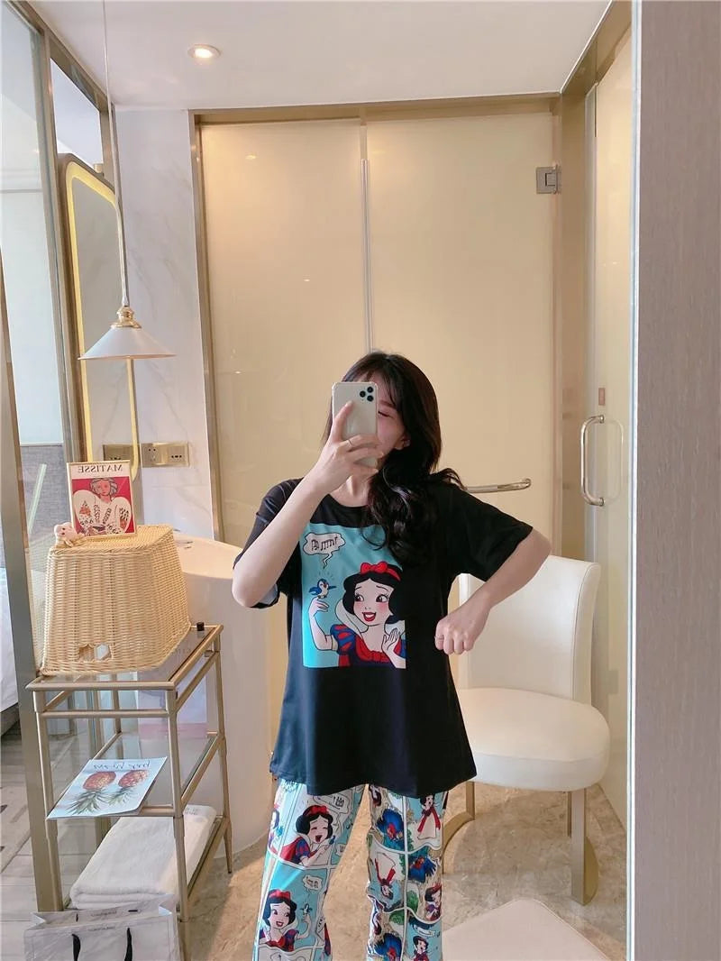 Sommer Pooh Bär Nachtwäsche frauen Lose Bequeme Cartoon Print Hause Kleidung Set Kurzarm Nachthemd Mickey Pyjama Set