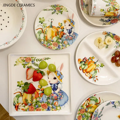 Creative Pumpkin Rabbit Pattern Tableware Garden Style Ceramic Plate Home Cute Dinner Plate Salad Bowl Kitchen Accessories.