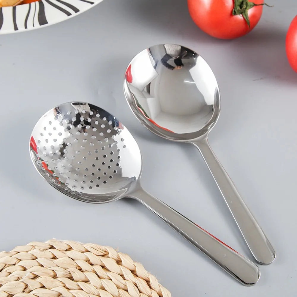 1Pc Big Head Stainless Steel Round Spoon Large Size Dining Spoon Rice Serving Spoon Drain Hole Heat Spoons Kitchen Tool Utensils.