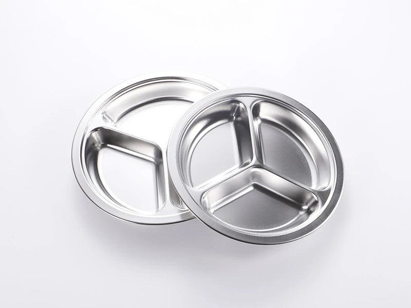 3 Grid Satinless Steel Food Plate Round School Kids Dish Trays Meal Sharing Dishes Set Service Table Student Main Dining Cutlery.