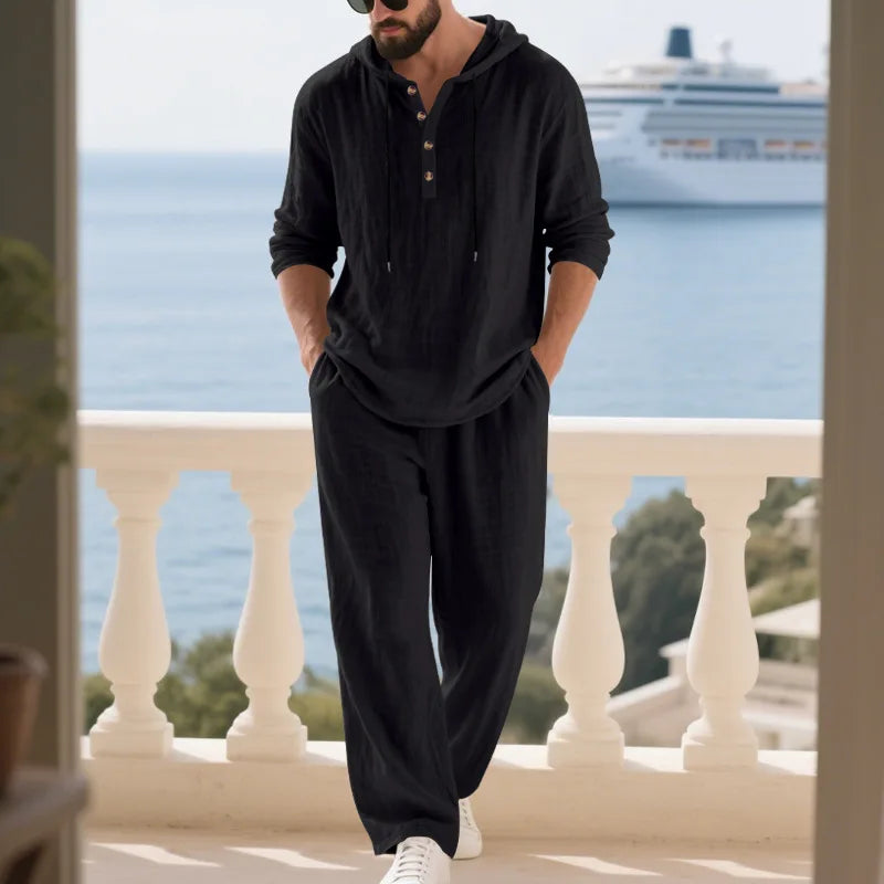 Cross-border Autumn Linen Men's Casual Suit Loose Hooded Henley Shirt Long Sleeve Pants Suit