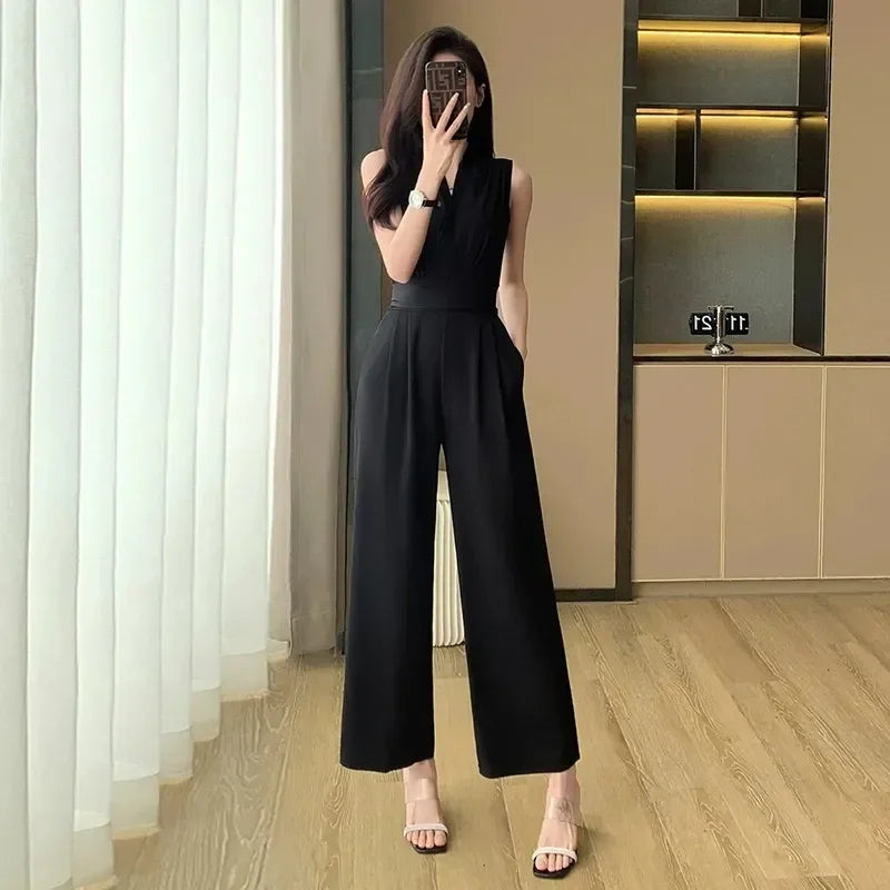 Women's Wide Leg Jumpsuit Pants 2025 Summer New Casual Straight Tube Sports Overalls V-neck Sleeveless Bodysuit For Women Romper.