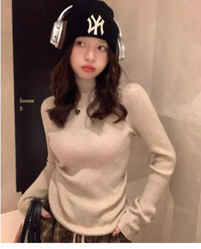 2025, weibliche Casual Tops Pullover Frauen Herbst Winter Gestrickte Dünne Pullover Feste Taste Volle Hülse Halb Hohen Kragen Pullover