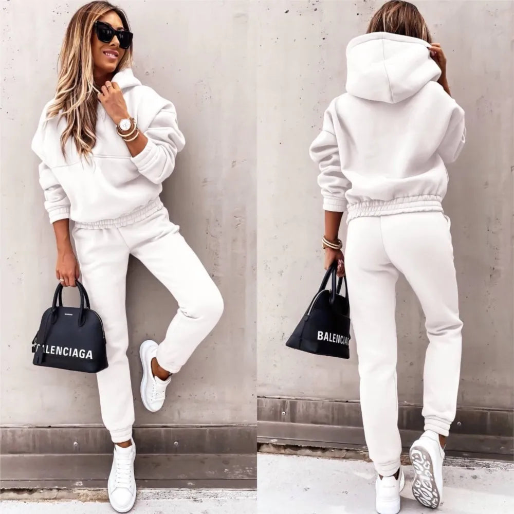 Autumn Winter New Solid Color Long Sleeve Hoodie Women's Casual Suit Fashion Loose Sports Hoodie + Small Foot Pants 2 Piece Set.